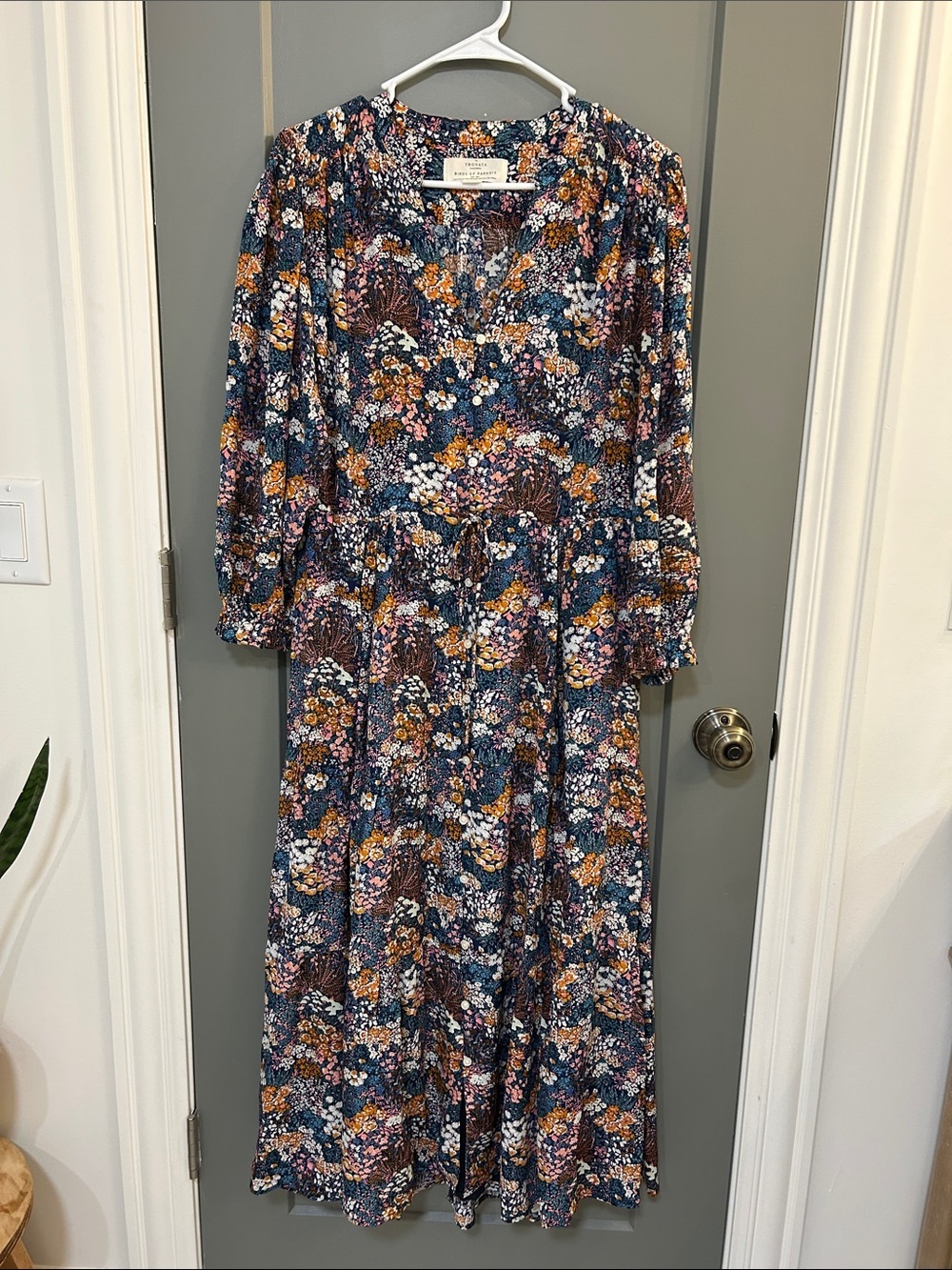 Trovata Navy Floral Tiered Maxi Dress with Rust & Mustard Accents New size M
